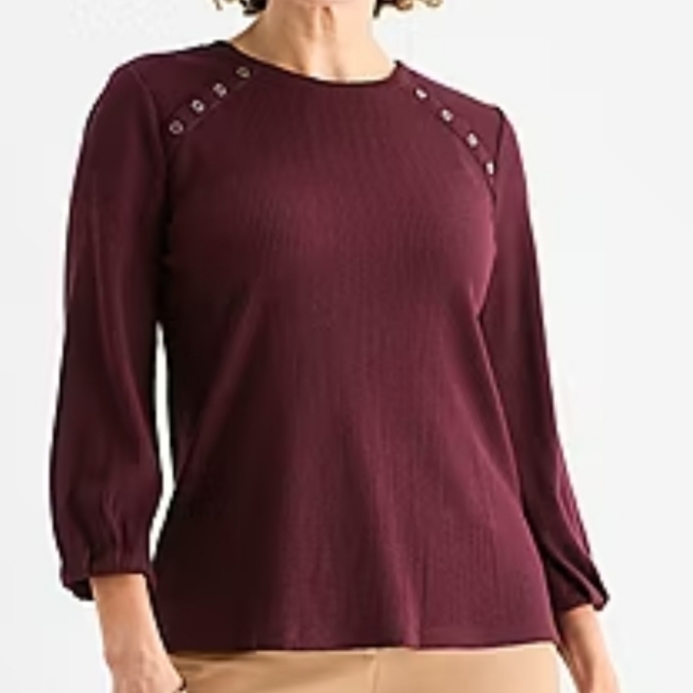 Liz Claiborne Womens Crew Neck 3/4 Sleeve Chevron Burgandy Passio Blouse 3X